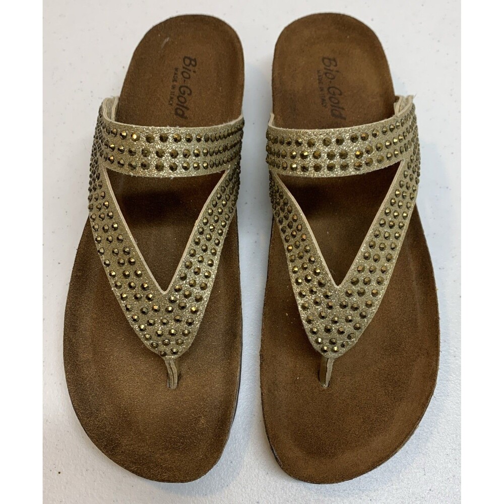 Bio-Gold Italian Wedge Sandals Womens 9 Gold Strappy Rhinestones Glitter Slip On - Picture 2 of 9